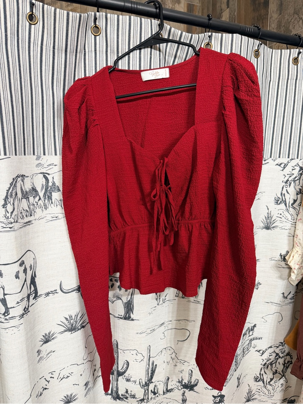 Tie-Front Red Textured Peplum Blouse